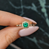 0.32 Ct. Emerald and Natural Diamond Pave Ring, 14K Yellow Gold Life Style