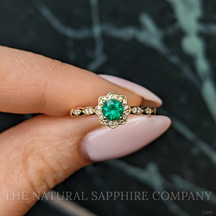 0.32 Ct. Emerald and Natural Diamond Pave Ring, 14K Yellow Gold