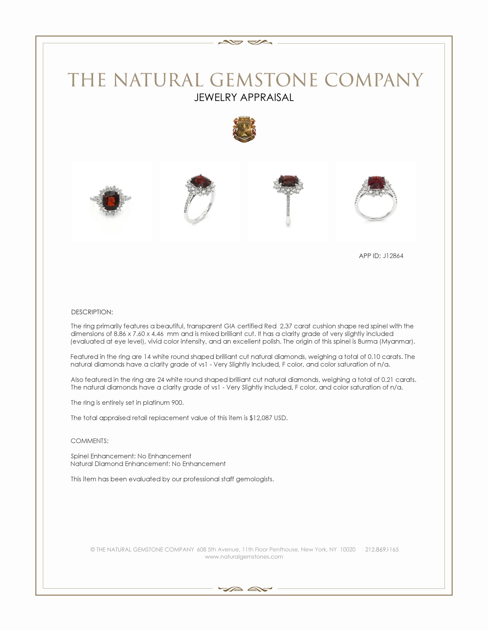 2.37 Ct. Red Spinel and Natural Diamond Pave Ring, Platinum 900
