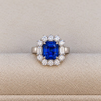 4.48 Ct. Blue Sapphire and Natural Diamond Halo Ring, 18K White Gold Life Style
