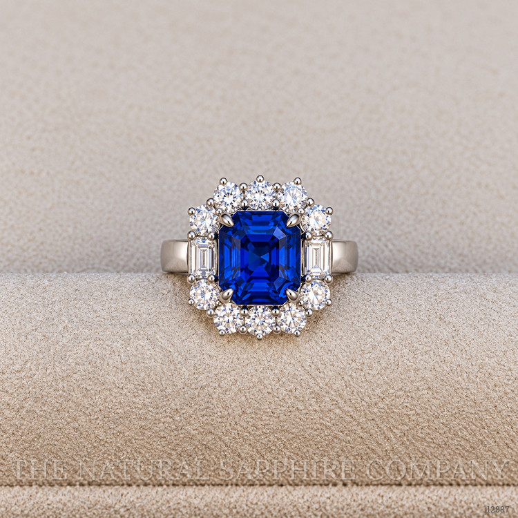 4.48 Ct. Blue Sapphire and Natural Diamond Halo Ring, 18K White Gold