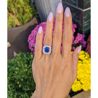 4.48 Ct. Blue Sapphire and Natural Diamond Halo Ring, 18K White Gold Life Style