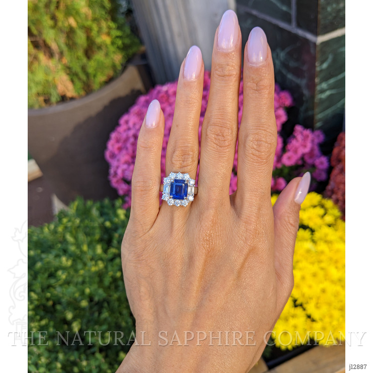 4.48 Ct. Blue Sapphire and Natural Diamond Halo Ring, 18K White Gold