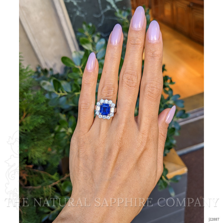 4.48 Ct. Blue Sapphire and Natural Diamond Halo Ring, 18K White Gold