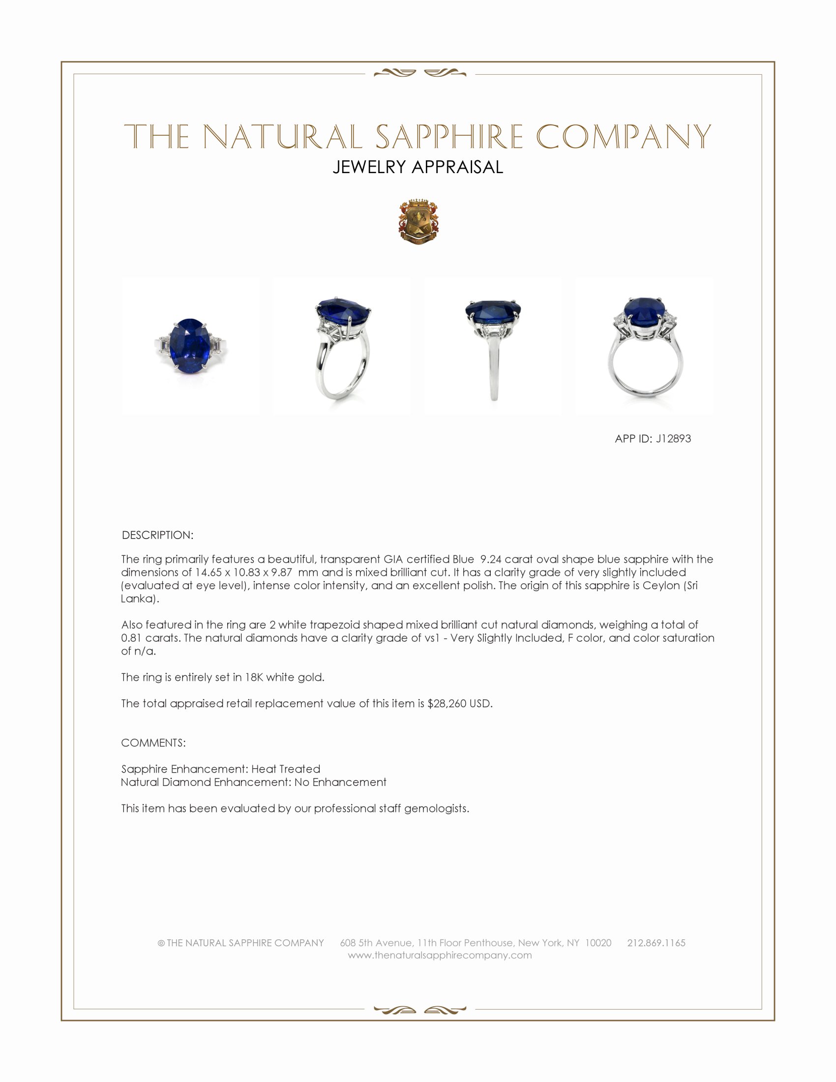 9.24 Ct. Blue Sapphire and Natural Diamond Three Stone Ring, 18K White Gold