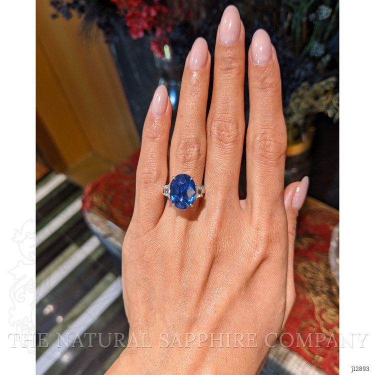 9.24 Ct. Blue Sapphire and Natural Diamond Three Stone Ring, 18K White Gold