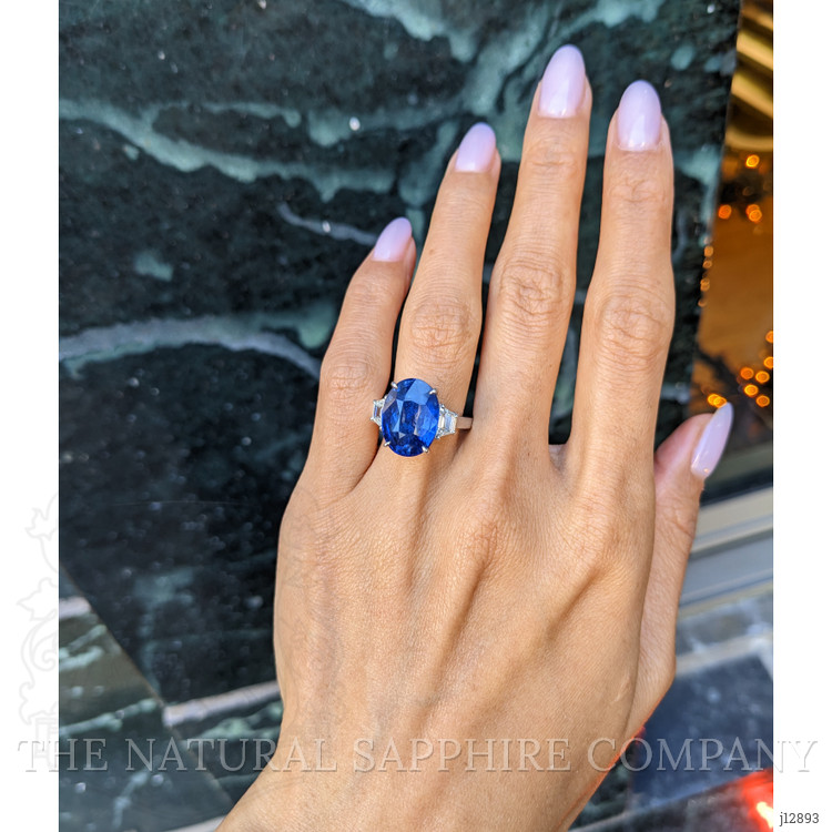 9.24 Ct. Blue Sapphire and Natural Diamond Three Stone Ring, 18K White Gold