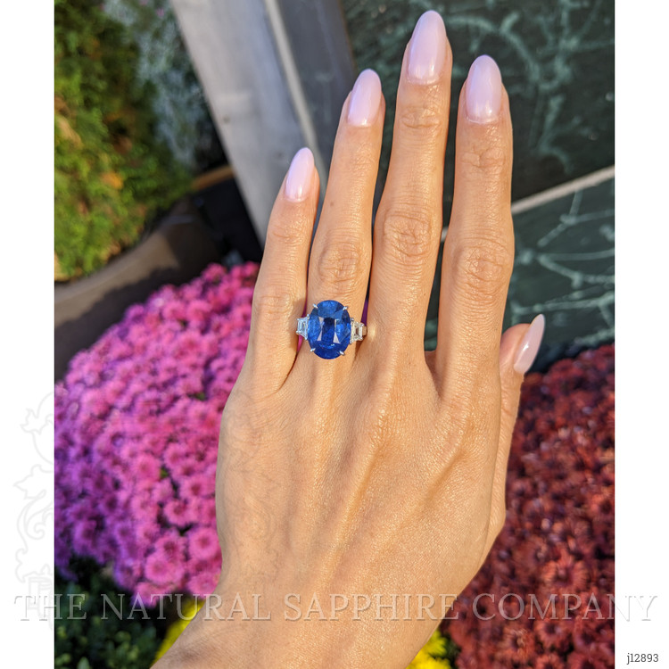 9.24 Ct. Blue Sapphire and Natural Diamond Three Stone Ring, 18K White Gold