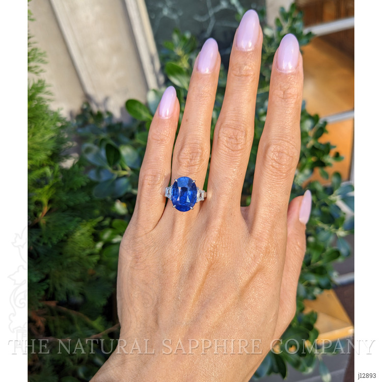 9.24 Ct. Blue Sapphire and Natural Diamond Three Stone Ring, 18K White Gold