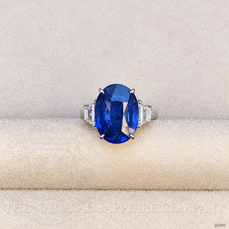 9.24 Ct. Blue Sapphire and Natural Diamond Three Stone Ring, 18K White Gold