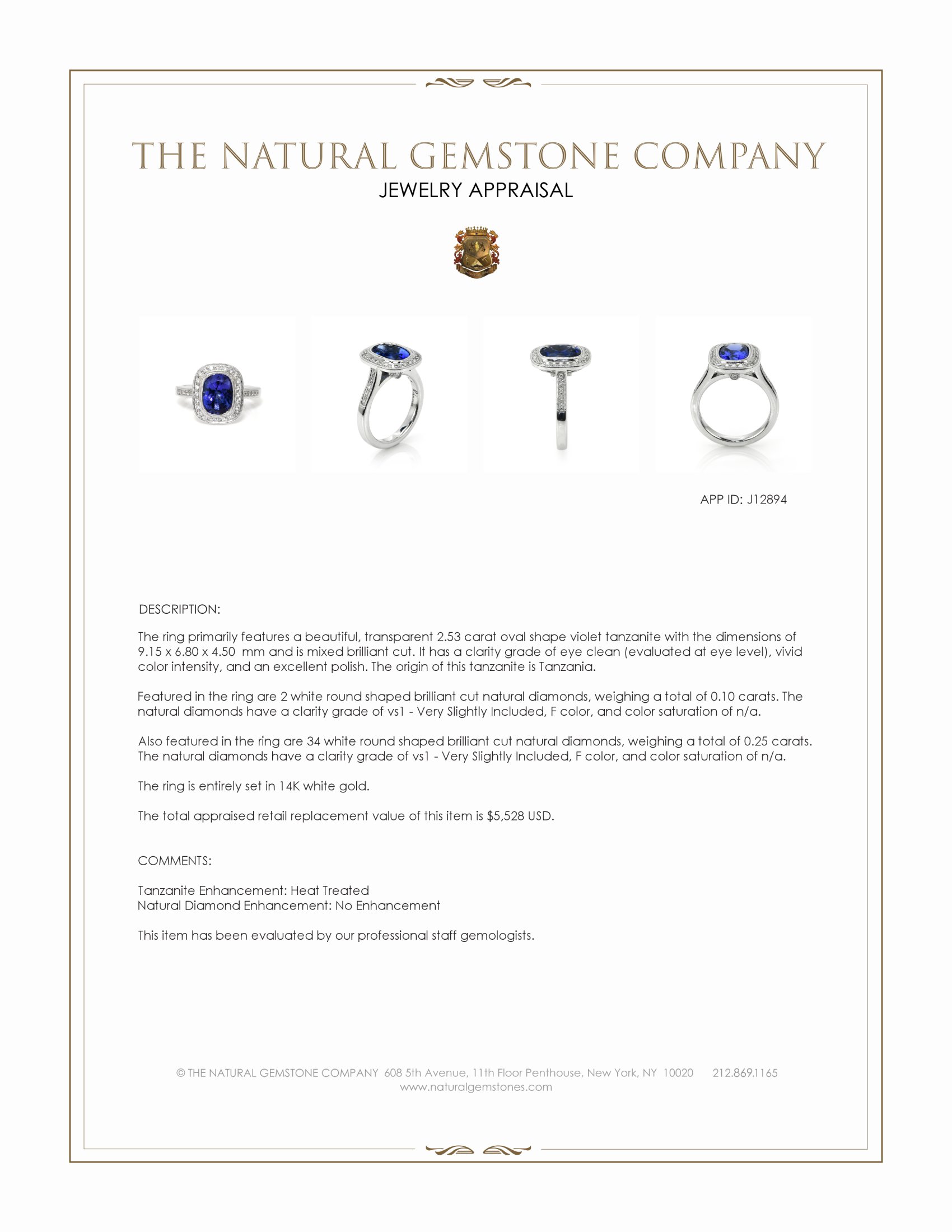 2.53 Ct. Violet Tanzanite and Natural Diamond Pave Ring, 14K White Gold