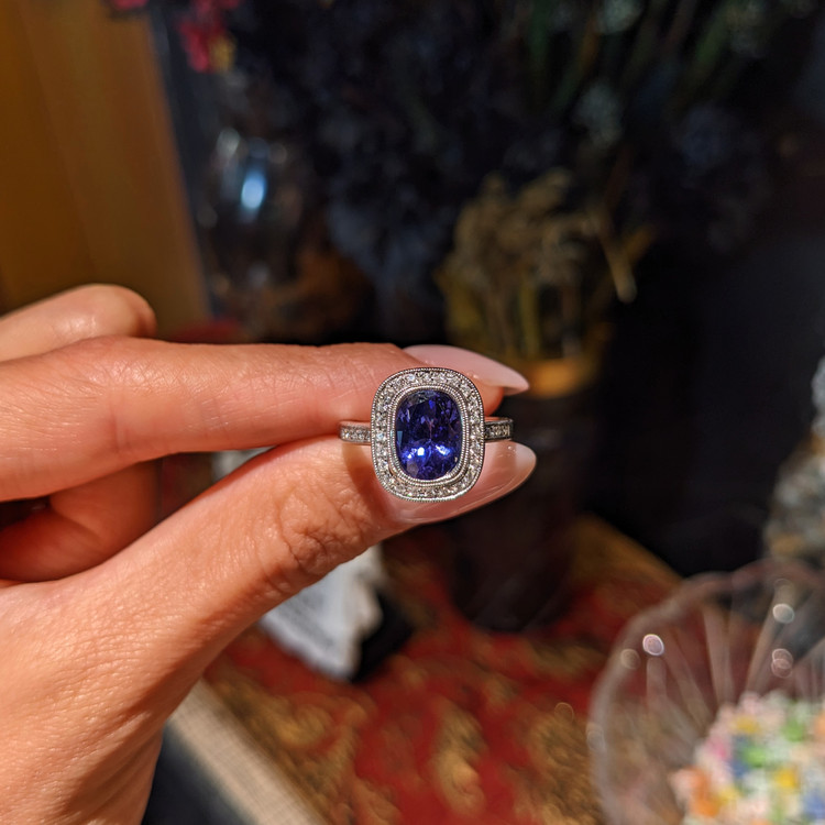 2.53 Ct. Violet Tanzanite and Natural Diamond Pave Ring, 14K White Gold