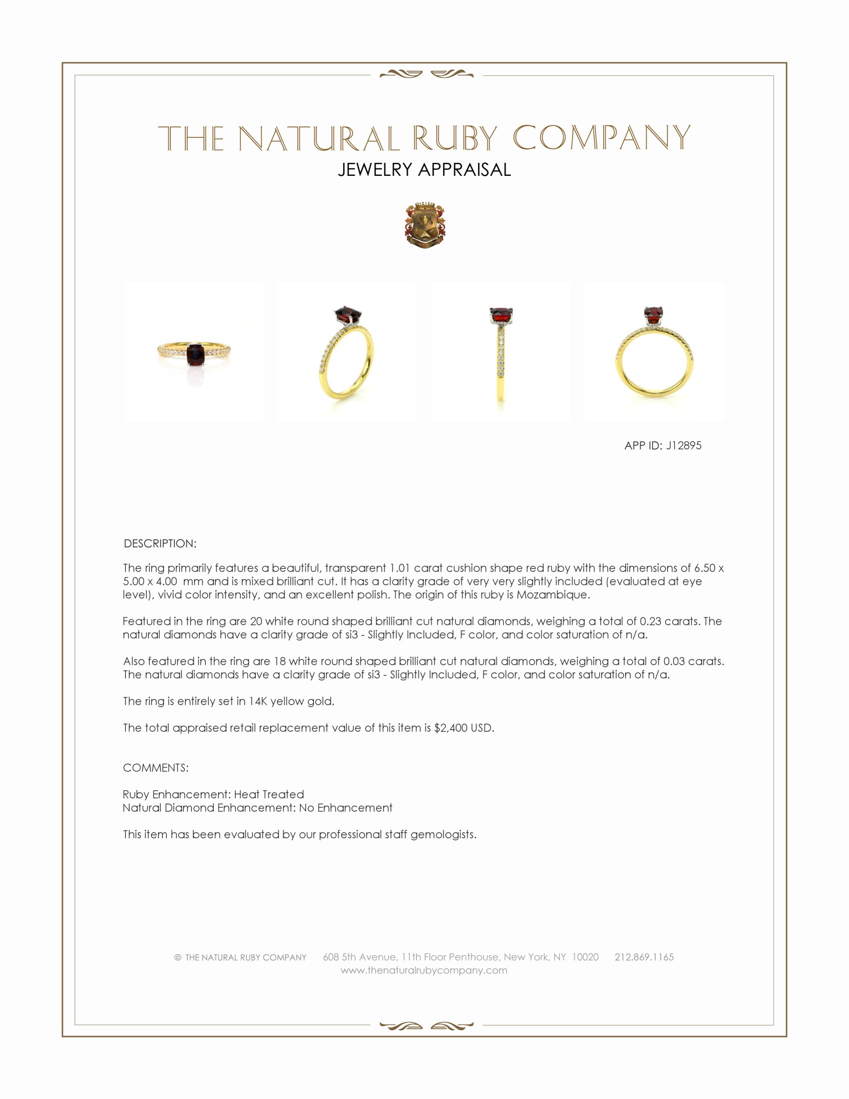 1.01 Ct. Ruby and Natural Diamond Pave Ring, 14K Yellow Gold
