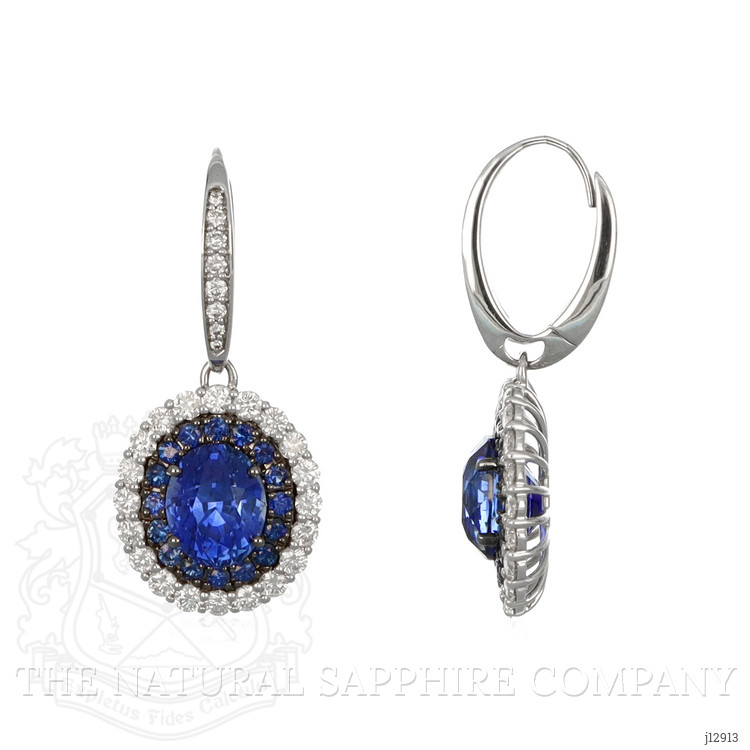 6.01 Ct.Tw. Blue Sapphire and Natural Diamond Pave Earrings, 18K White Gold