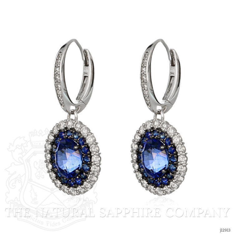 6.01 Ct.Tw. Blue Sapphire and Natural Diamond Pave Earrings, 18K White Gold