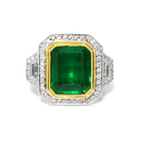 7.28 Ct. Emerald and Natural Diamond Pave Ring, 18K White & Yellow Video