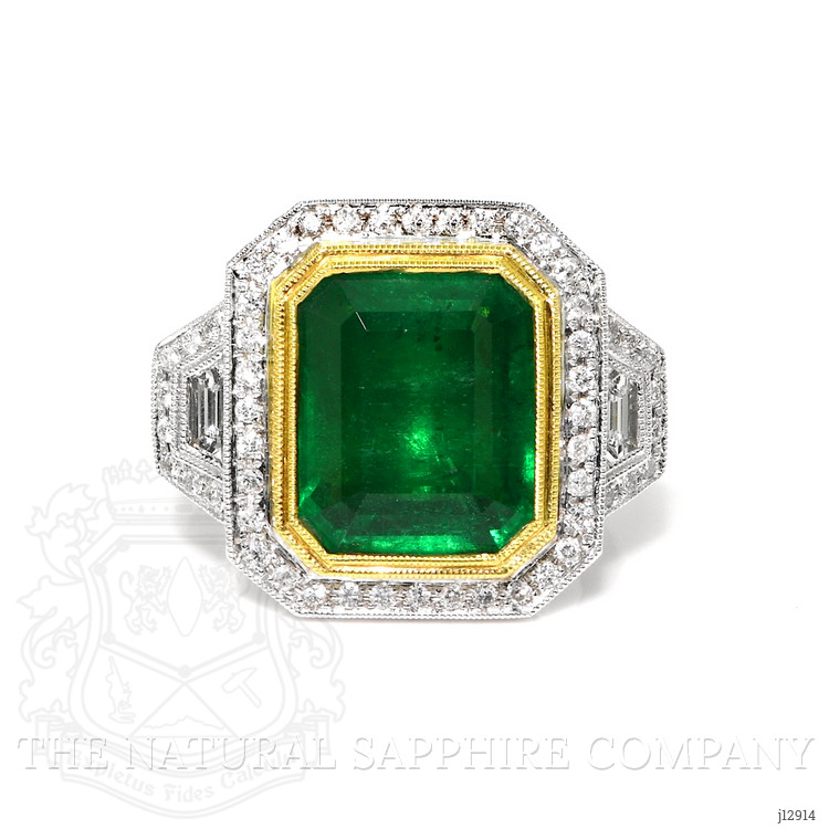 7.28 Ct. Emerald and Natural Diamond Pave Ring, 18K White & Yellow
