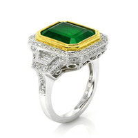 7.28 Ct. Emerald and Natural Diamond Pave Ring, 18K White & Yellow Image