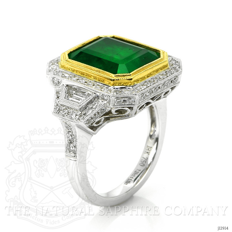 7.28 Ct. Emerald and Natural Diamond Pave Ring, 18K White & Yellow