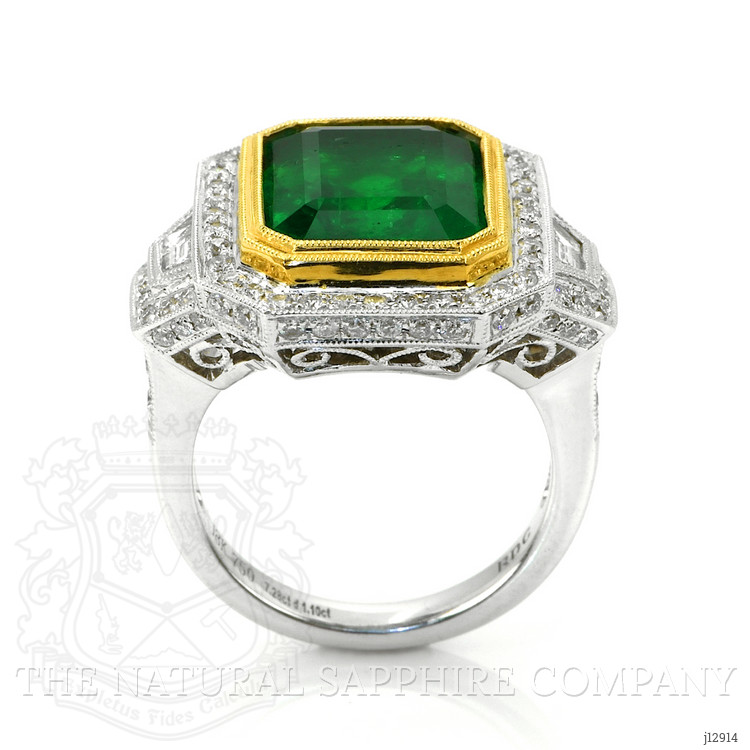 7.28 Ct. Emerald and Natural Diamond Pave Ring, 18K White & Yellow