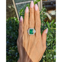 7.28 Ct. Emerald and Natural Diamond Pave Ring, 18K White & Yellow Life Style