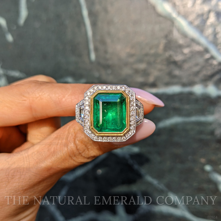 7.28 Ct. Emerald and Natural Diamond Pave Ring, 18K White & Yellow