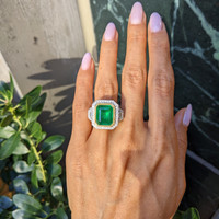 7.28 Ct. Emerald and Natural Diamond Pave Ring, 18K White & Yellow Life Style