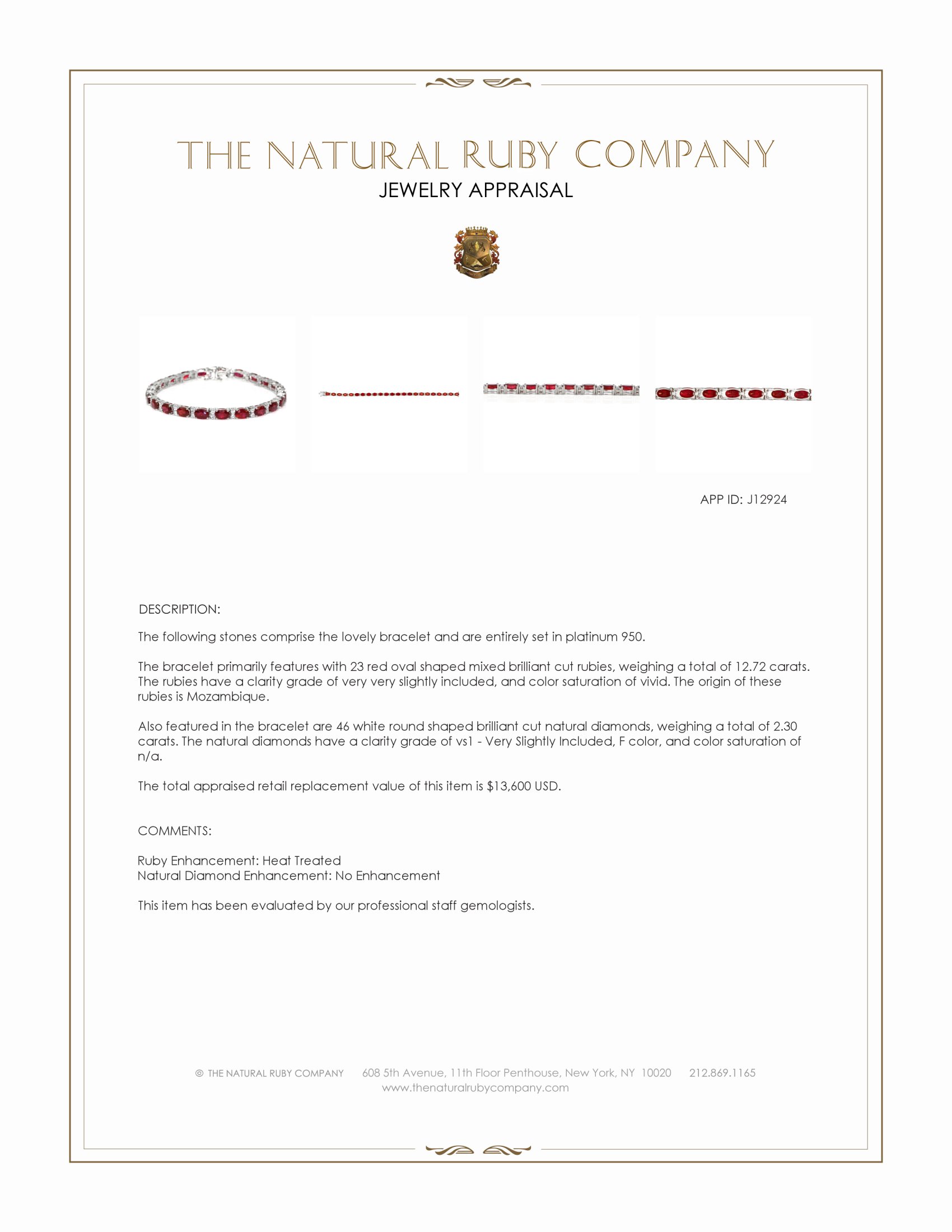 12.72 Ct.Tw. Ruby and Natural Diamond Pave Bracelet, Platinum 950