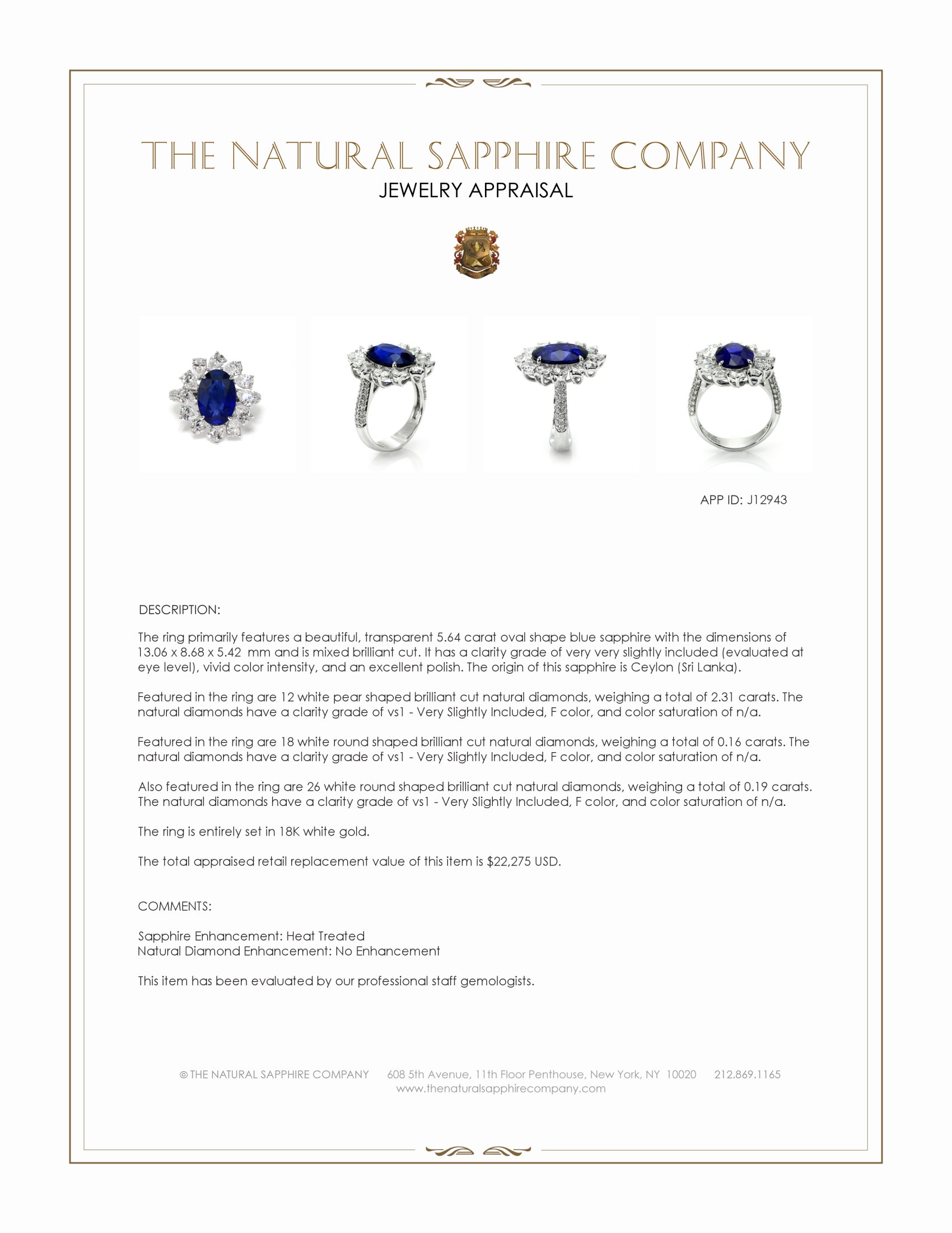 5.64 Ct. Blue Sapphire and Natural Diamond Pave Ring, 18K White Gold