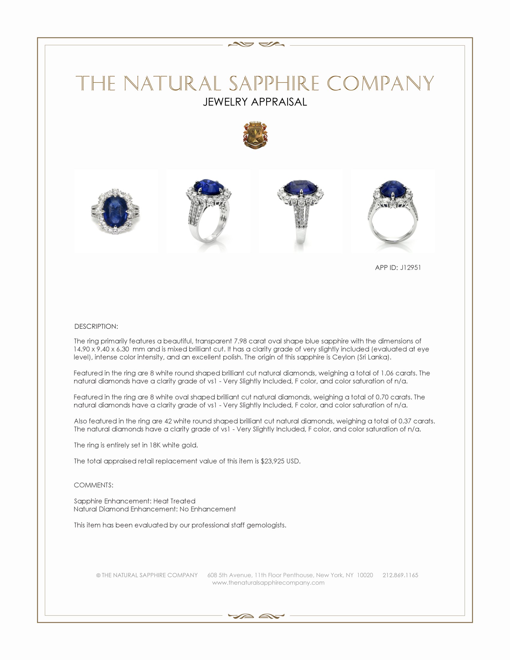 7.98 Ct. Blue Sapphire and Natural Diamond Pave Ring, 18K White Gold