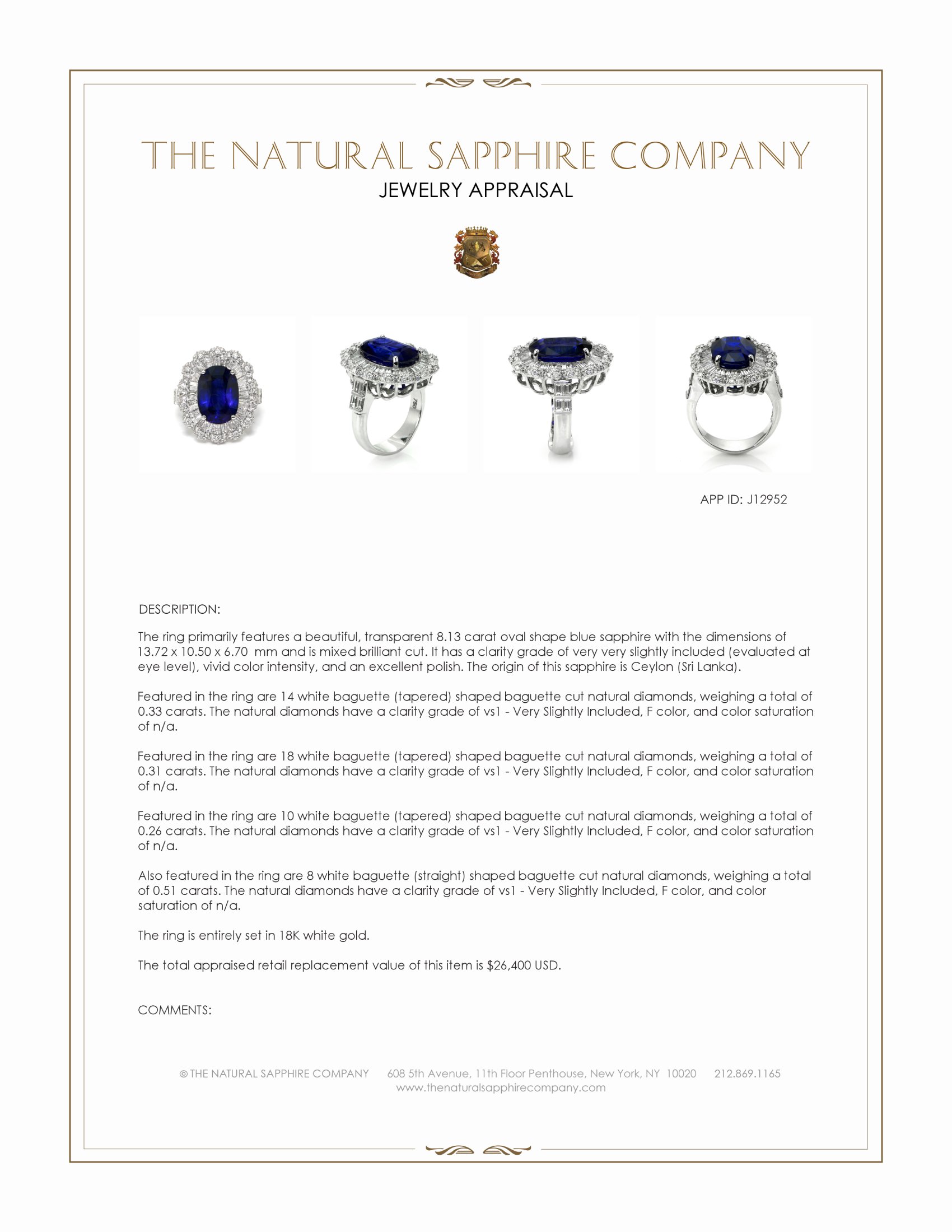 8.13 Ct. Blue Sapphire and Natural Diamond Pave Ring, 18K White Gold