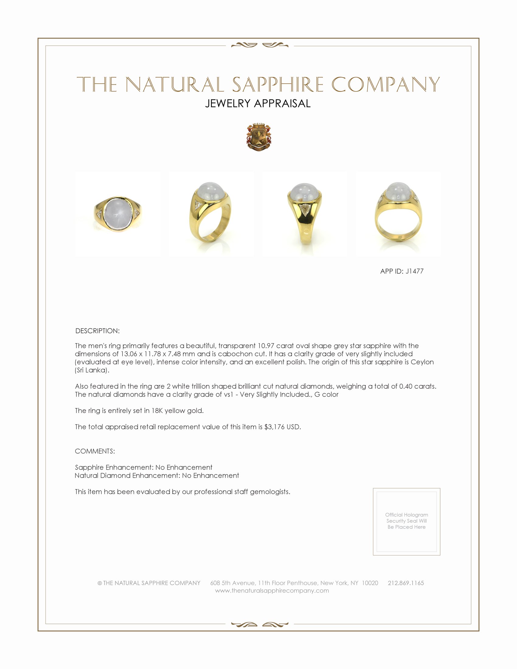10.97 Ct. Grey Sapphire and Natural Diamond Men's Ring, 18K Yellow Gold