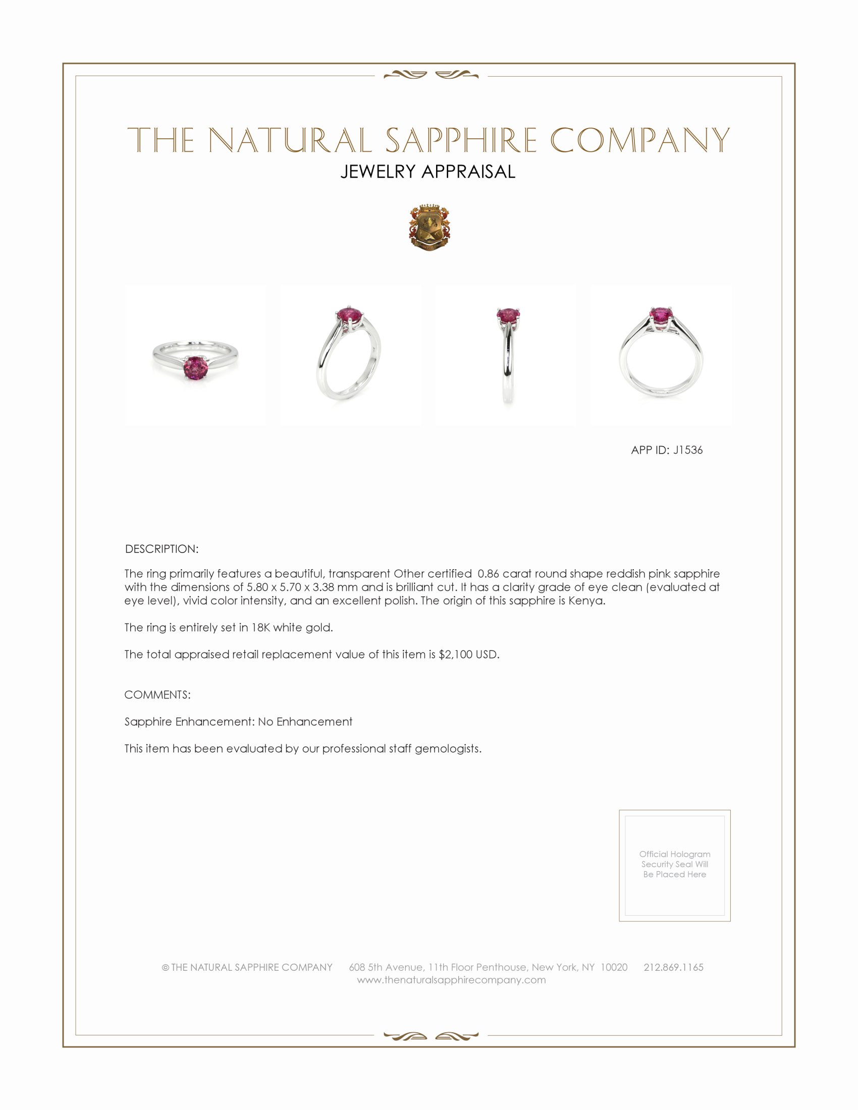 0.86 Ct. Reddish Pink Sapphire Solitaire Ring, 18K White Gold