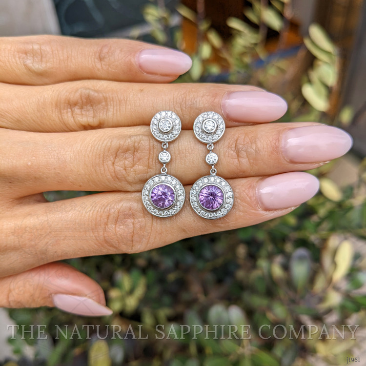 2.08 Ct.Tw. Purplish Pink Sapphire and Natural Diamond Halo Earrings, 18K White Gold