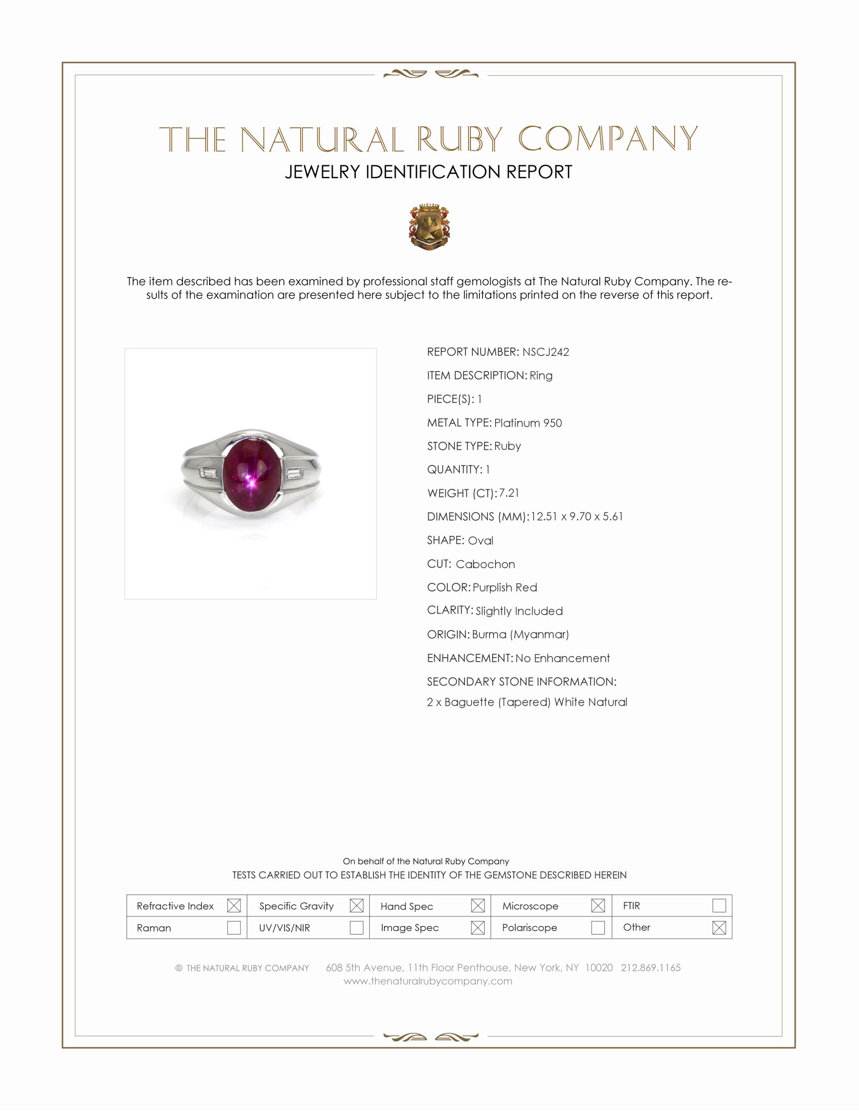 7.21 Ct. Purplish Red Ruby and Natural Diamond Men's Ring, Platinum 950