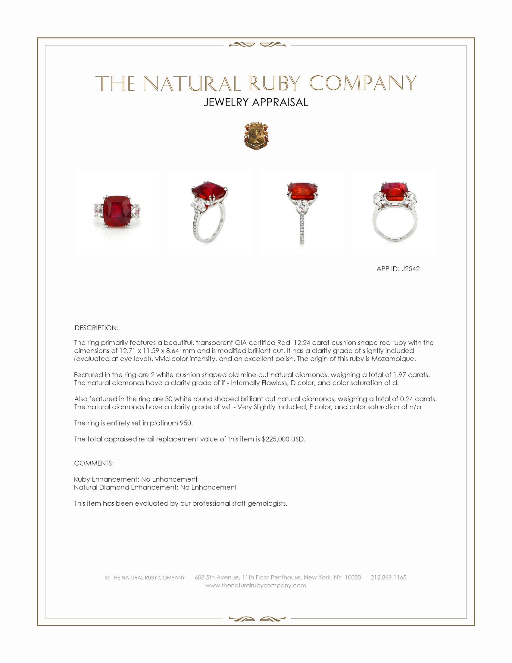 12.24 Ct. Ruby and Natural Diamond Three Stone Ring, Platinum 950