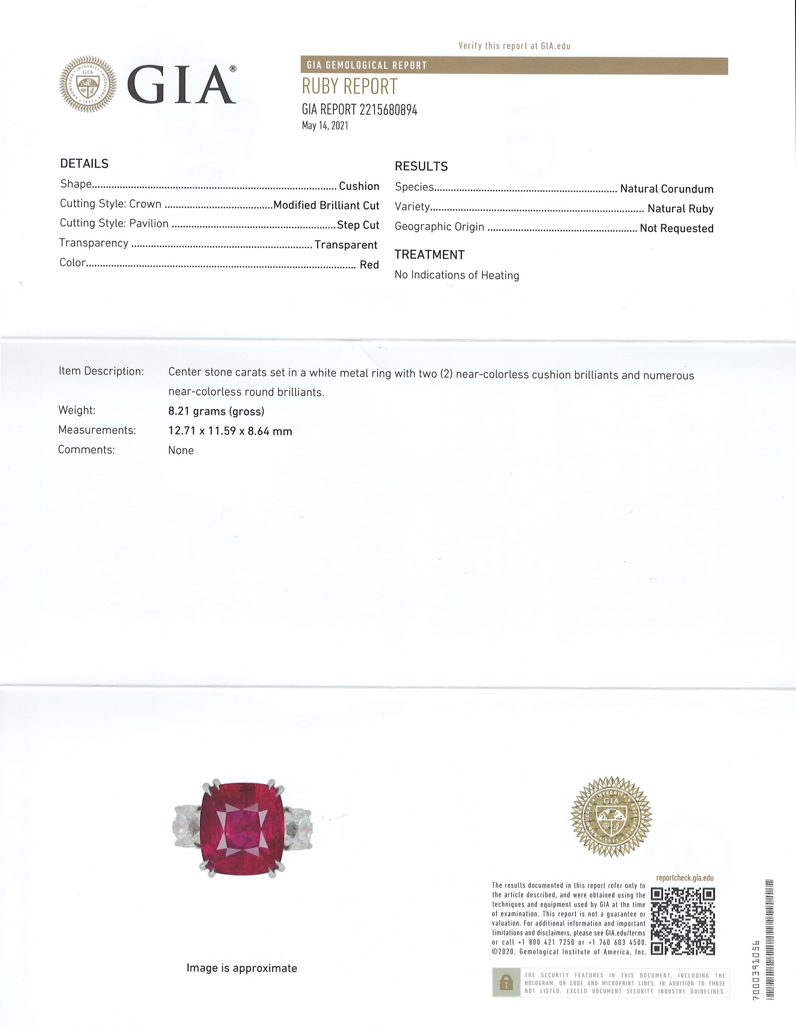 12.24 Ct. Ruby and Natural Diamond Three Stone Ring, Platinum 950