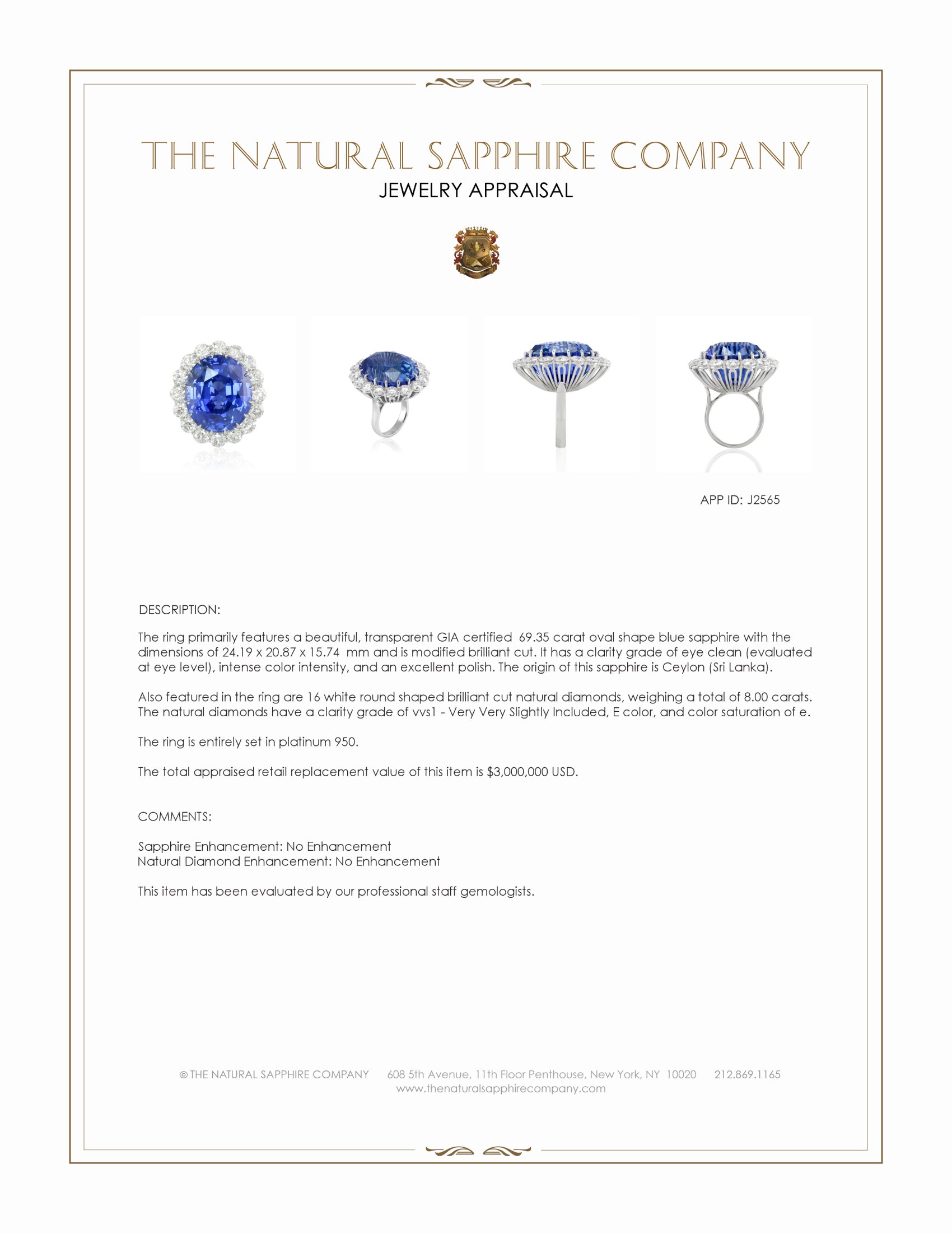 69.35 Ct. Blue Sapphire and Natural Diamond Halo Ring, Platinum 950