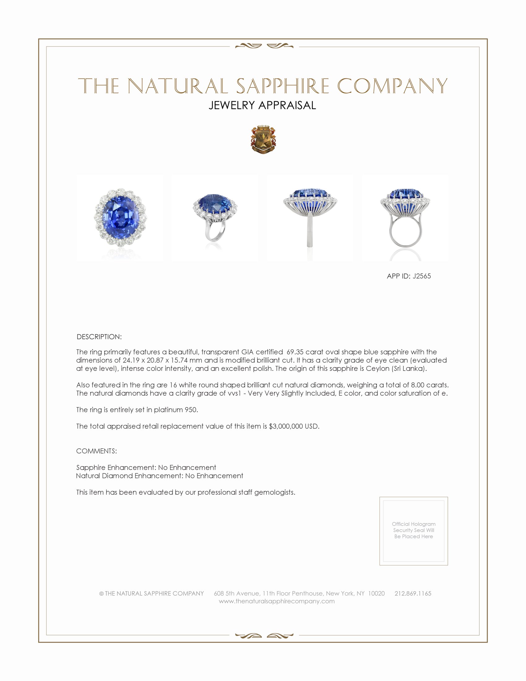 69.35 Ct. Blue Sapphire and Natural Diamond Halo Ring, Platinum 950