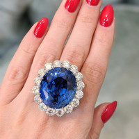 69.35 Ct. Blue Sapphire and Natural Diamond Halo Ring, Platinum 950 Life Style