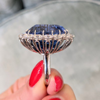 69.35 Ct. Blue Sapphire and Natural Diamond Halo Ring, Platinum 950 Life Style