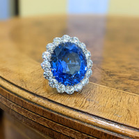 69.35 Ct. Blue Sapphire and Natural Diamond Halo Ring, Platinum 950 Life Style