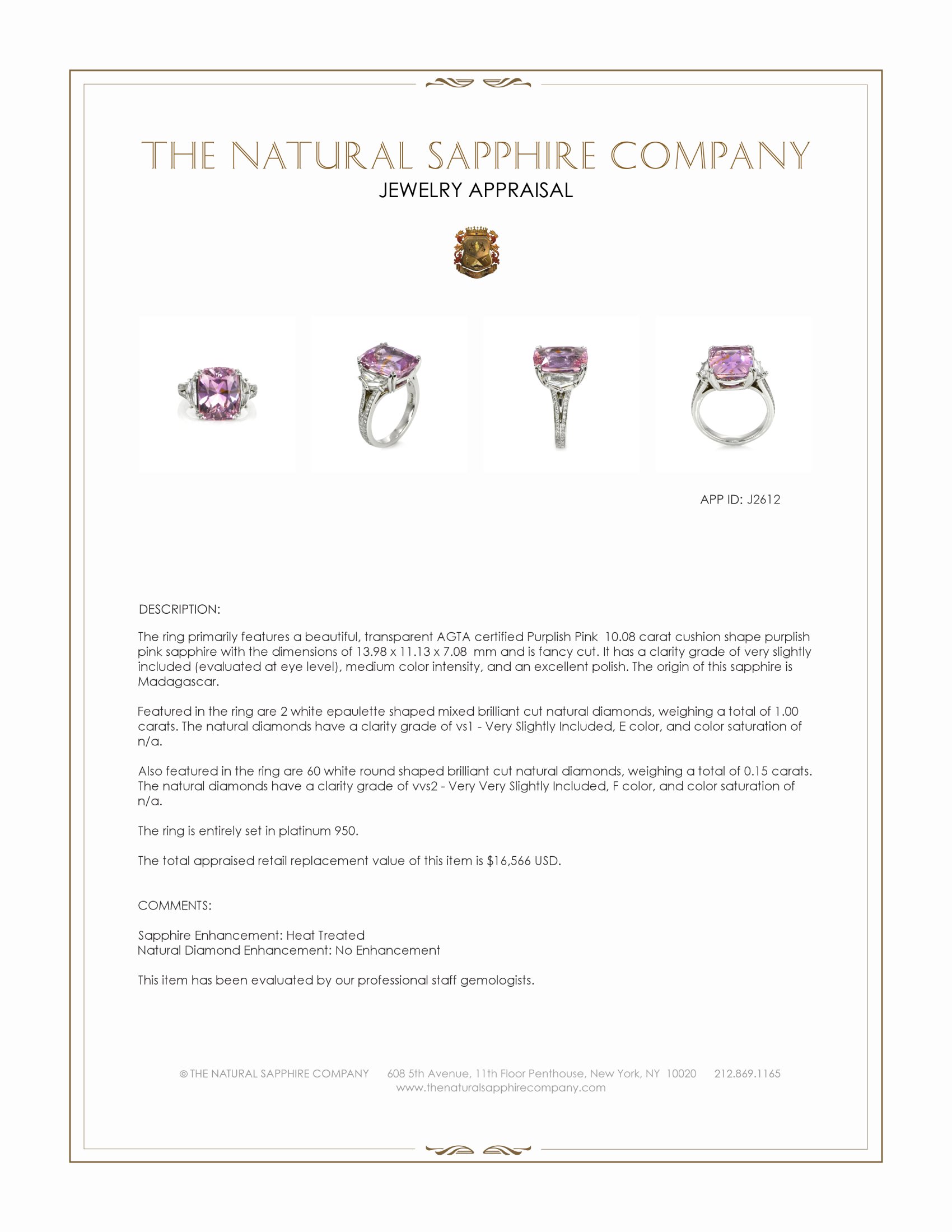 10.08 Ct. Purplish Pink Sapphire and Natural Diamond Three Stone Ring, Platinum 950