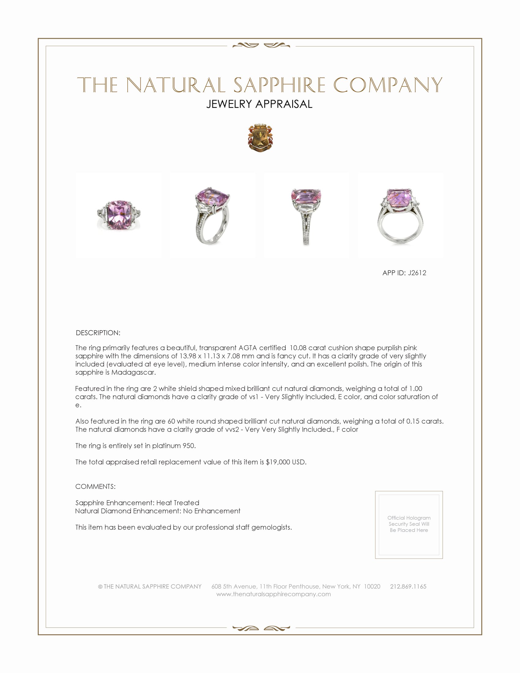 10.08 Ct. Purplish Pink Sapphire and Natural Diamond Three Stone Ring, Platinum 950