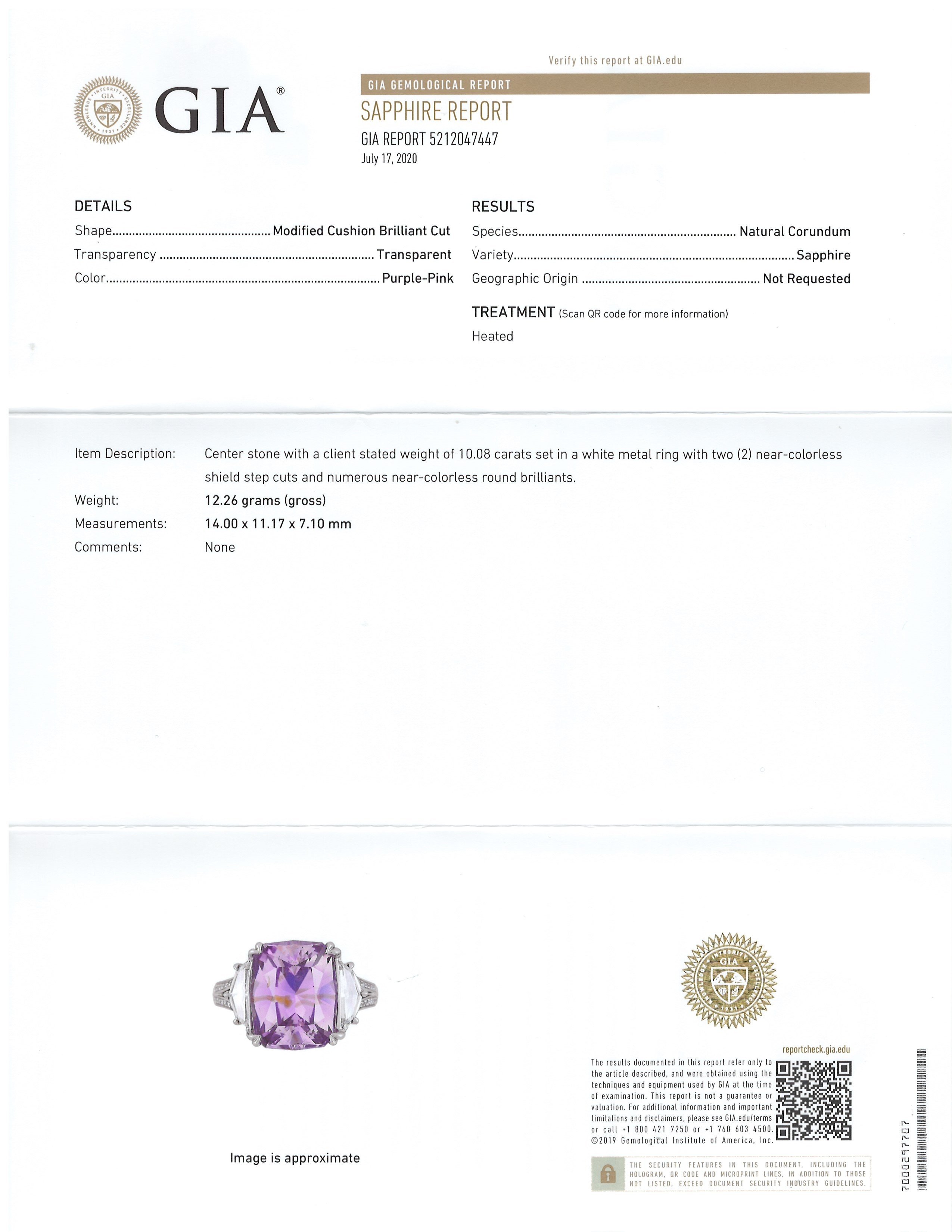 10.08 Ct. Purplish Pink Sapphire and Natural Diamond Three Stone Ring, Platinum 950