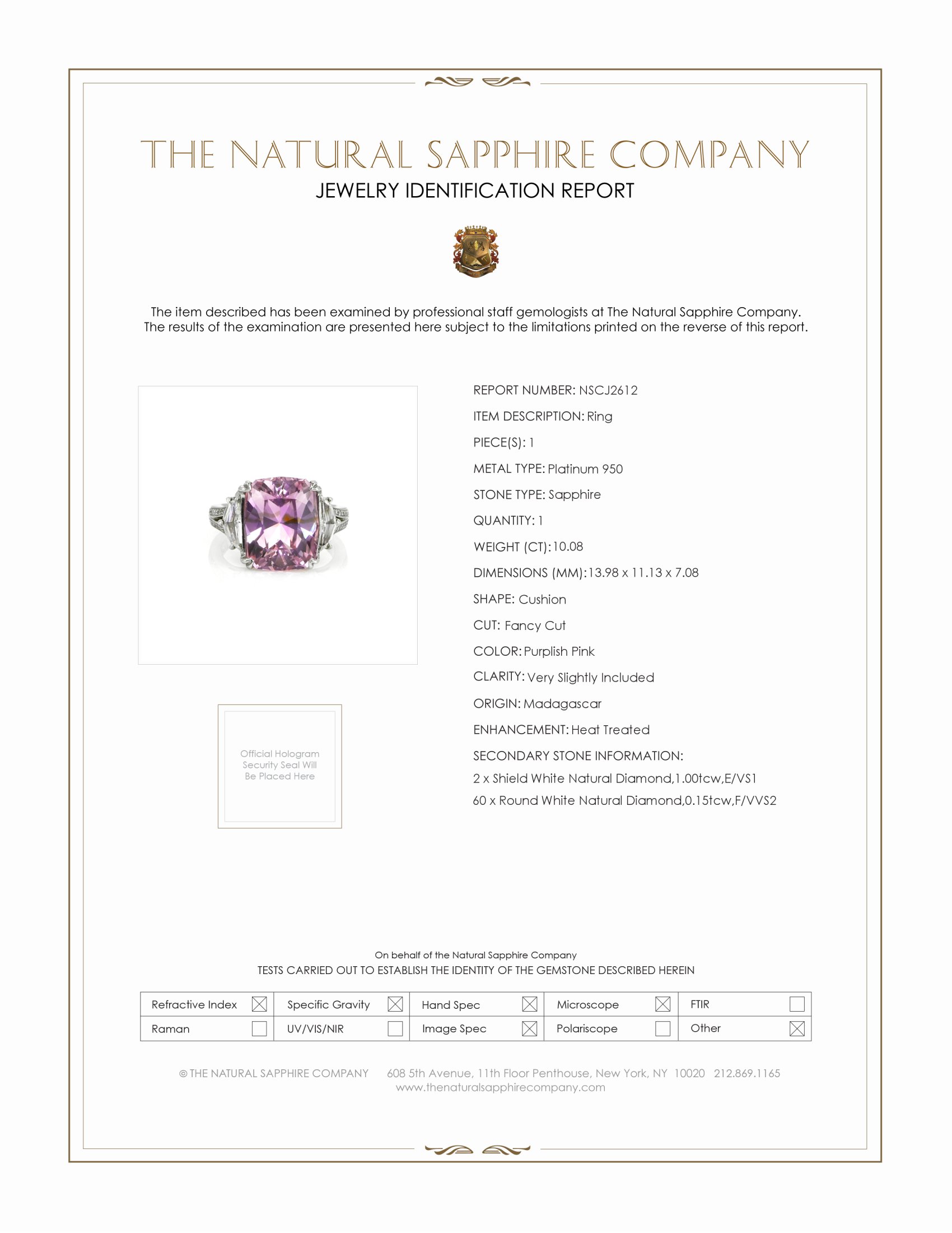 10.08 Ct. Purplish Pink Sapphire and Natural Diamond Three Stone Ring, Platinum 950