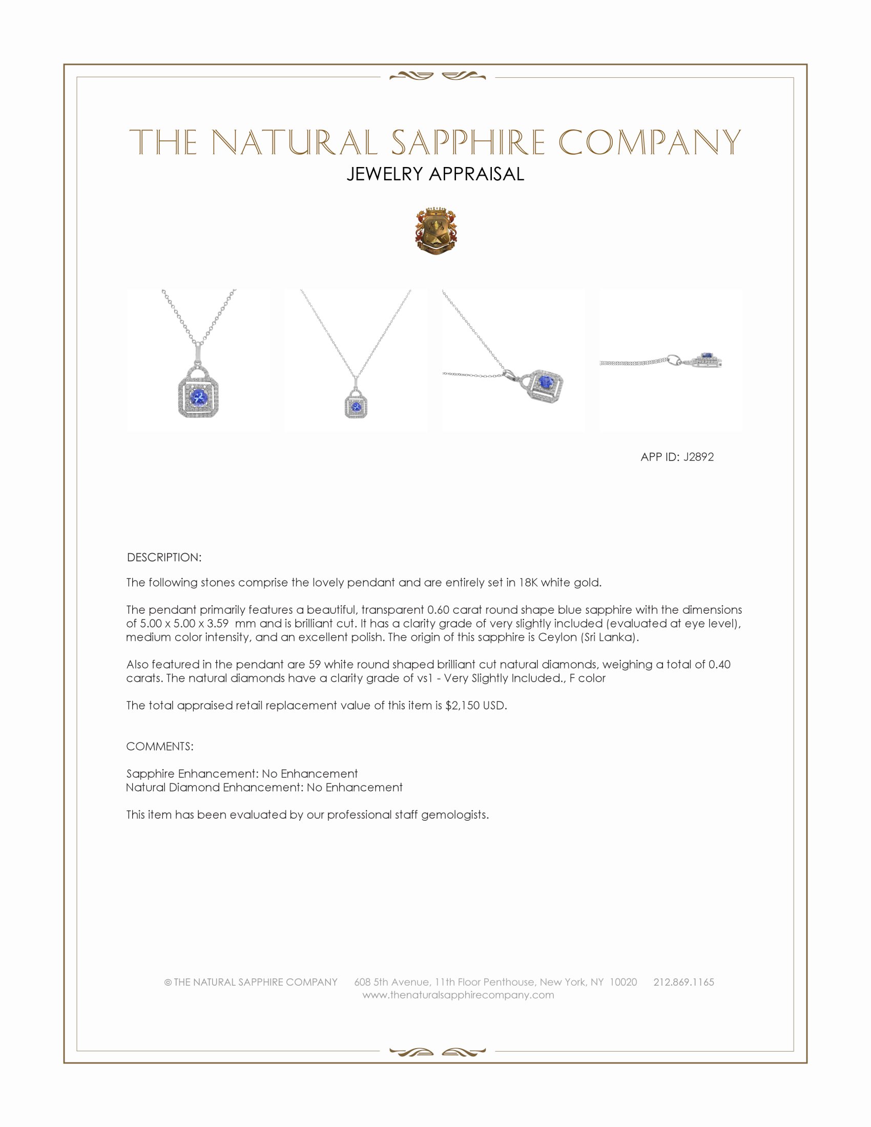 0.60 Ct. Blue Sapphire and Natural Diamond Accent Stones Pendant, 18K White Gold