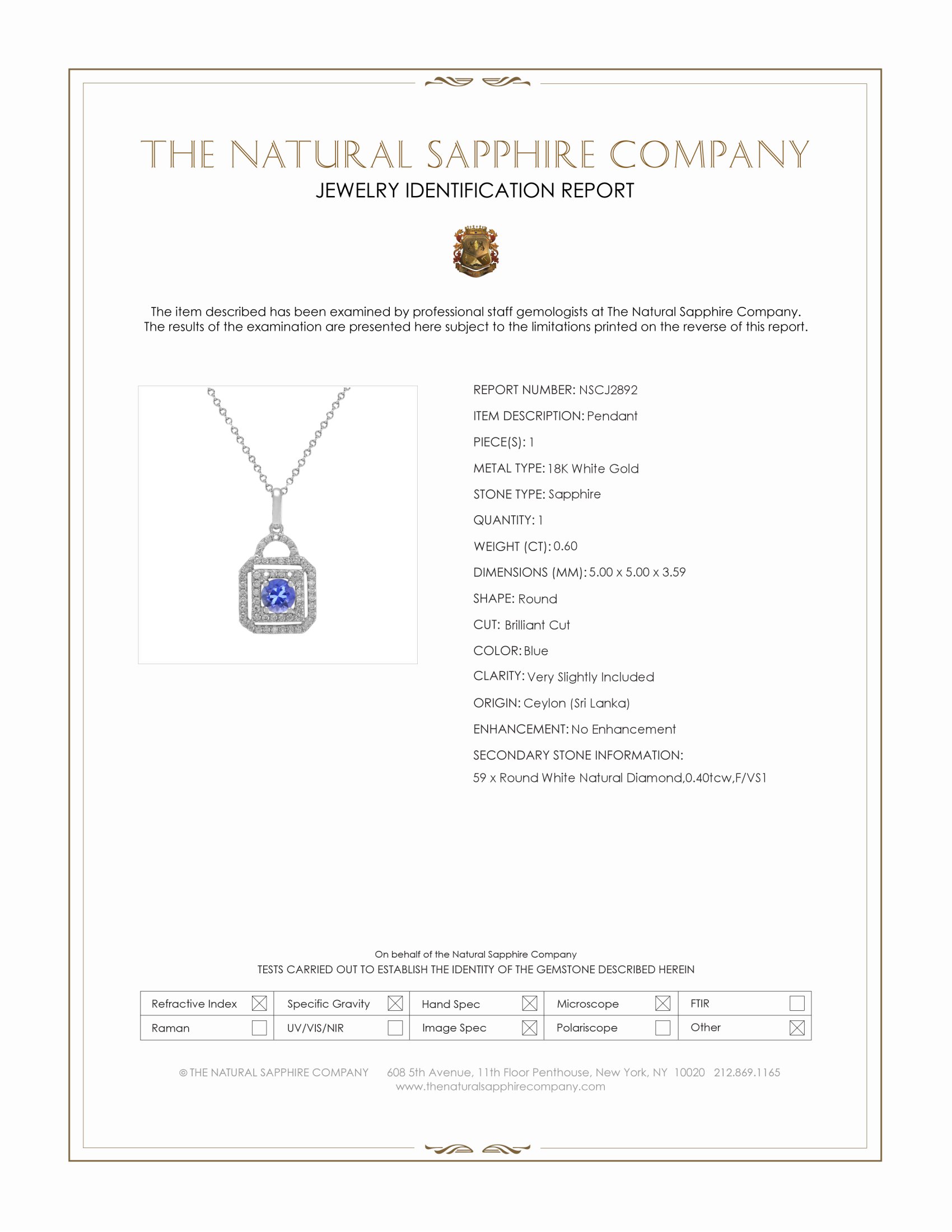 0.60 Ct. Blue Sapphire and Natural Diamond Accent Stones Pendant, 18K White Gold
