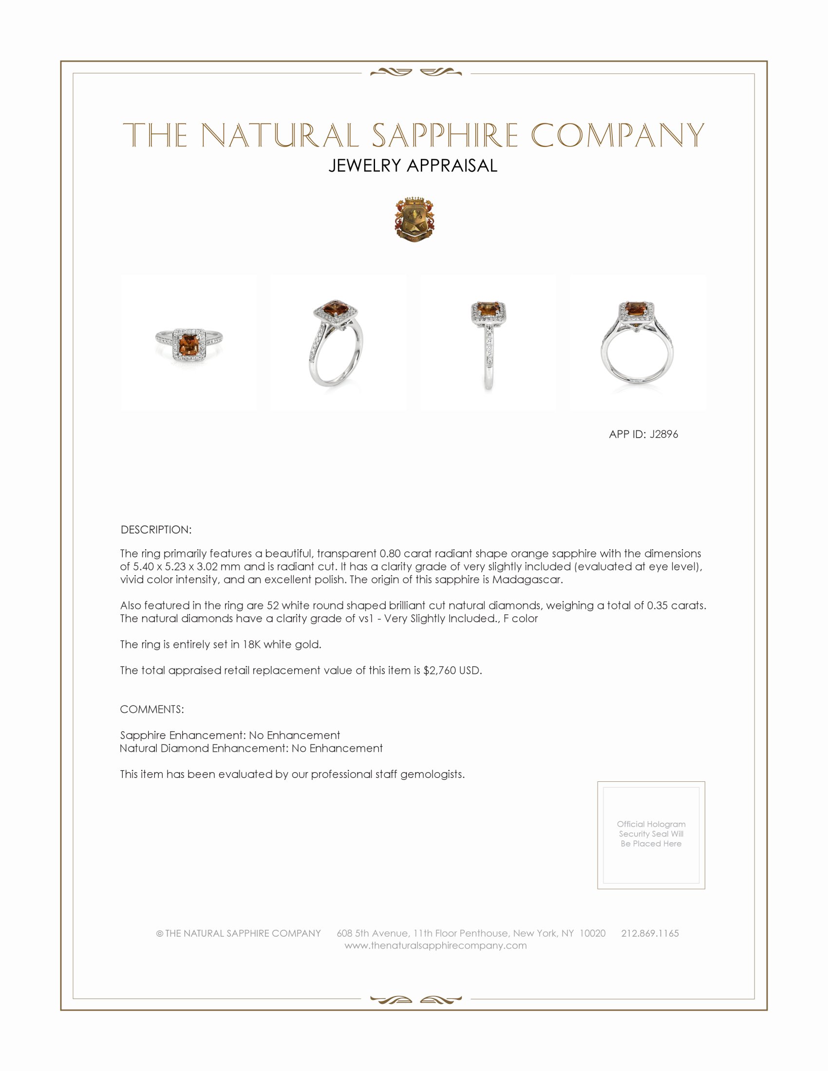 0.80 Ct. Orange Sapphire and Natural Diamond Antique Style Ring, 18K White Gold