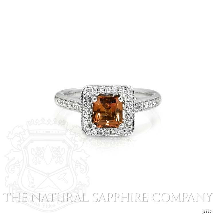 0.80 Ct. Orange Sapphire and Natural Diamond Antique Style Ring, 18K White Gold
